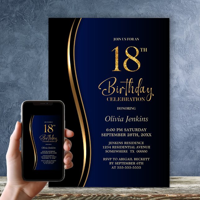 Invitación Black Gold Blue 18th Birthday Party (Subido por el creador)