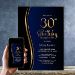 Invitación Black Gold Blue 30th Birthday Party<br><div class="desc">Invite your friends and loved ones with this modern black, gold and blue 30th birthday party invitation. The customizable text area in this invitation template allows you to effortlessly include all the necessary details for your special birthday celebration, including the date, time, venue, and RSVP information. A variety of paper...</div>