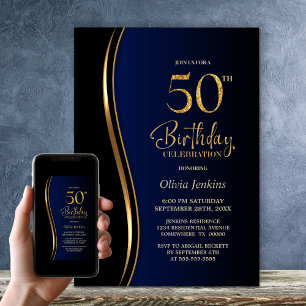 Invitación Black Gold Blue 50 cumpleaños