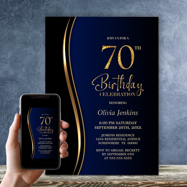 Invitación Black Gold Blue 70 cumpleaños (Subido por el creador)