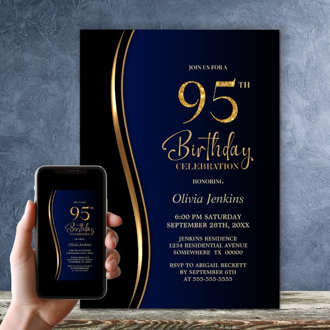 Invitación Black Gold Blue 95th Birthday Party (Subido por el creador)