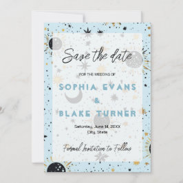 Invitación Black, Gold, Blue Celestial Wedding Save the Date