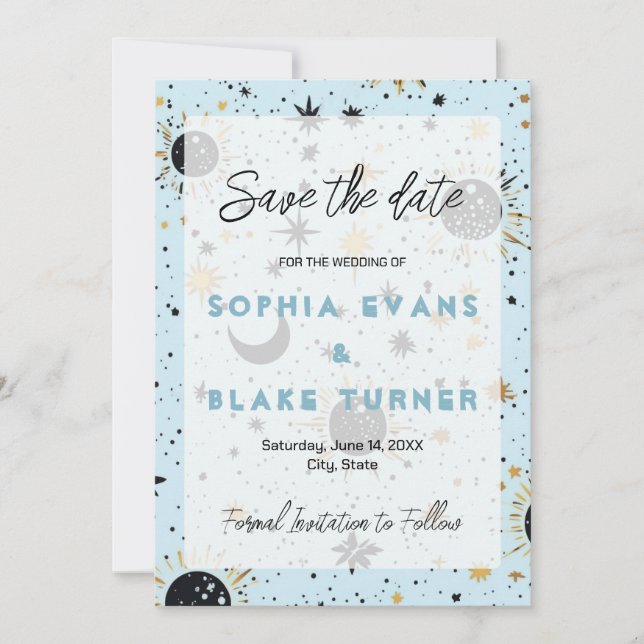 Invitación Black, Gold, Blue Celestial Wedding Save the Date  (Anverso)