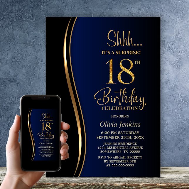 Invitación Black Gold Blue Surprise 18º cumpleaños (Subido por el creador)