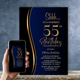 Invitación Black Gold Blue Surprise 55º cumpleaños