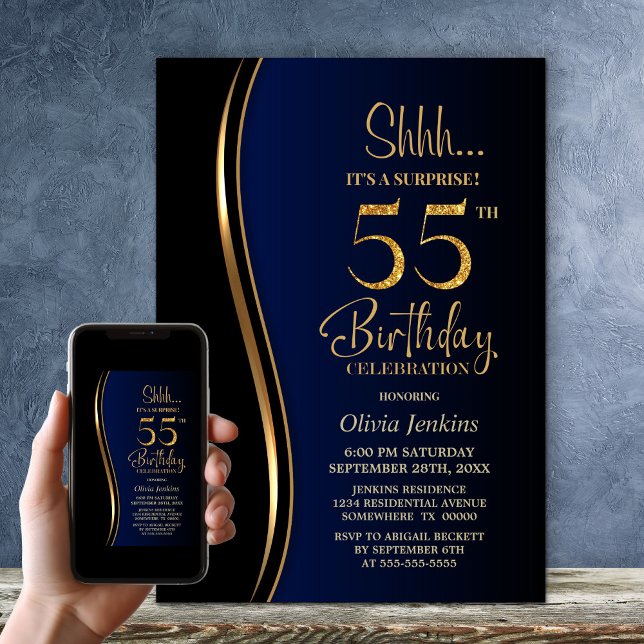Invitación Black Gold Blue Surprise 55º cumpleaños (Subido por el creador)