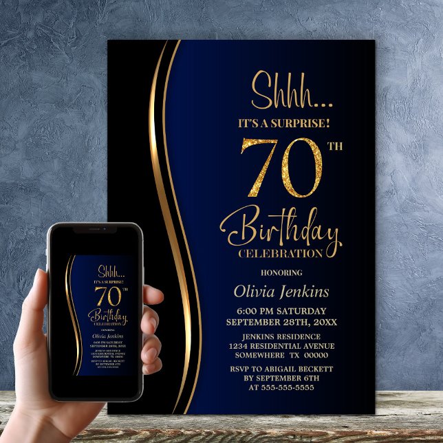 Invitación Black Gold Blue Surprise Cumpleaños 70 (Subido por el creador)