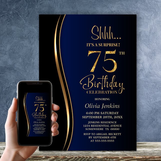 Invitación Black Gold Blue Surprise Cumpleaños 75 (Subido por el creador)