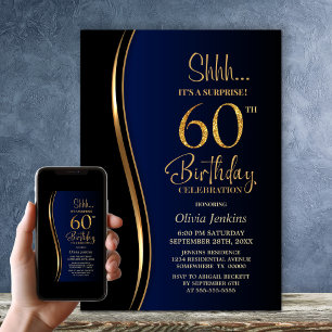 Invitación Black Gold Blue Surprise cumpleaños número 60