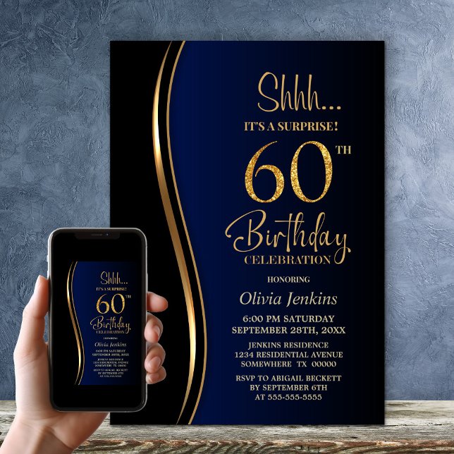Invitación Black Gold Blue Surprise cumpleaños número 60 (Subido por el creador)