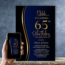 Invitación Black Gold Blue Surprise cumpleaños número 65