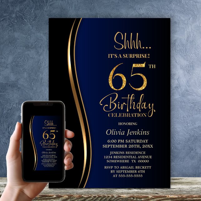 Invitación Black Gold Blue Surprise cumpleaños número 65 (Subido por el creador)