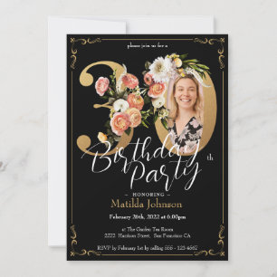 Invitación Black Gold Boho Floral 30 cumpleaños