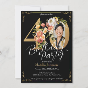 Invitación Black Gold Boho Floral 40th Birthday Fiesta