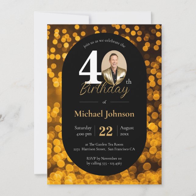 Invitación Black Gold Bokeh Foto 40 cumpleaños (Anverso)