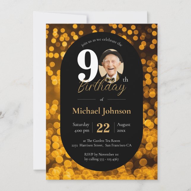 Invitación Black Gold Bokeh Foto 90 cumpleaños (Anverso)