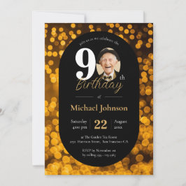 Invitación Black Gold Bokeh Foto 90 cumpleaños