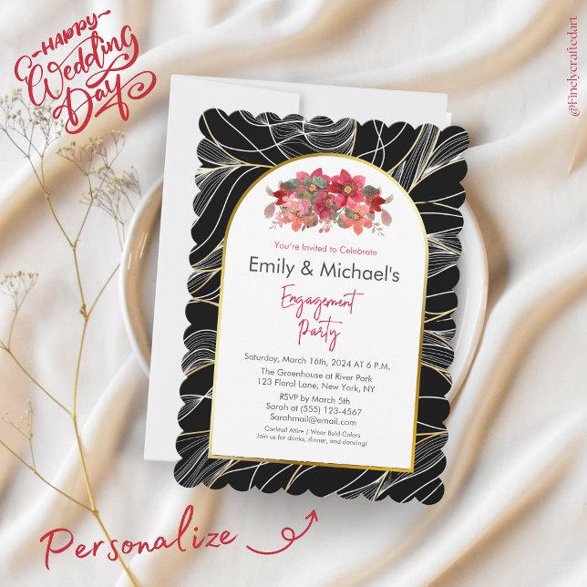 Invitación Black Gold Bold Floral Blooms Engagement Party (Subido por el creador)