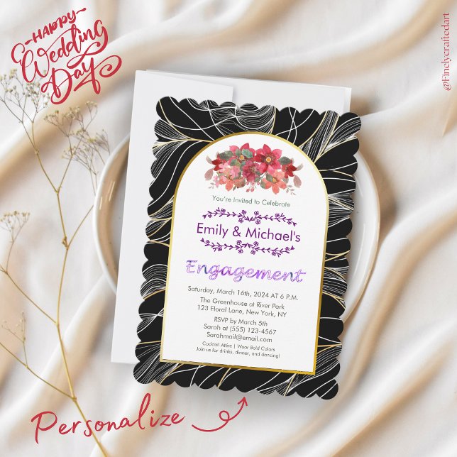 Invitación Black Gold Bold Floral Blooms Engagement Party (Subido por el creador)