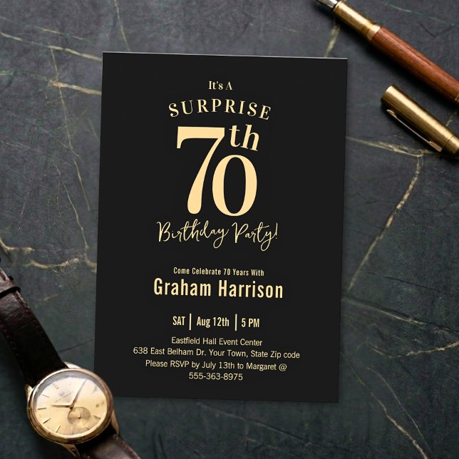 Invitación Black Gold Bold Typography Men's 70th Birthday (Subido por el creador)