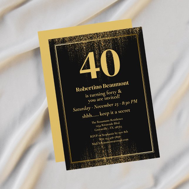 Invitación Black Gold Border Glitter Modern 40th Birthday (Subido por el creador)