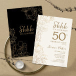 Invitación Black Gold Botanical Surprise 50 cumpleaños<br><div class="desc">Invitación a los 50 años de la Bodega de Oro Negro. El diseño femenino moderno minimalista presenta acentos botánicos y tipografía. Sencilla tarjeta de invitación floral perfecta para una elegante celebración de cumpleaños sorpresa femenina.</div>