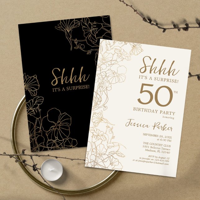 Invitación Black Gold Botanical Surprise 50 cumpleaños (Subido por el creador)