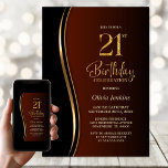 Invitación Black Gold Burnt Orange 21st Birthday Party<br><div class="desc">Invite your friends and loved ones with this modern black, gold and burnt orange 21st birthday party invitation. The customizable text area in this invitation template allows you to effortlessly include all the necessary details for your special birthday celebration, including the date, time, venue, and RSVP information. A variety of...</div>