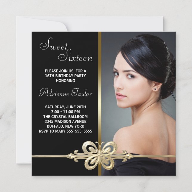 Invitación Black Gold Butterfly Photo Sweet 16 cumpleaños (Anverso)