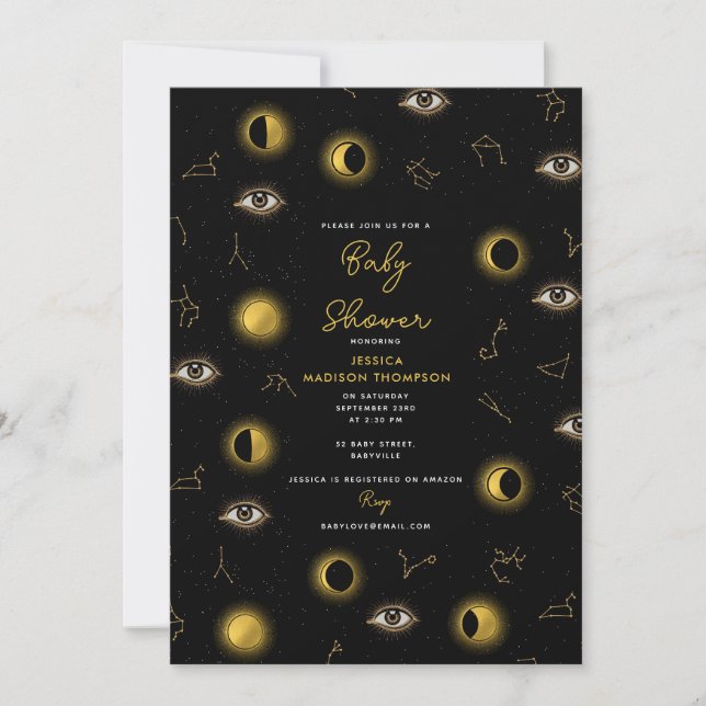 Invitación Black Gold Celestial Sun & Moon Baby Shower (Anverso)