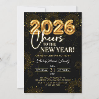 Invitación Black Gold Champagne Cheers New Years Eve Party