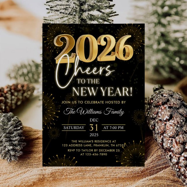 Invitación Black Gold Champagne Cheers New Years Eve Party (Subido por el creador)