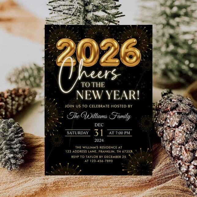 Invitación Black Gold Champagne Cheers New Years Eve Party (Subido por el creador)