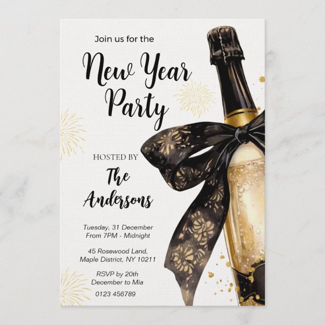 Invitación Black Gold Champagne Cheers New Years Eve Party (Anverso)