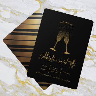Invitación Black & Gold Champagne Theme Party 