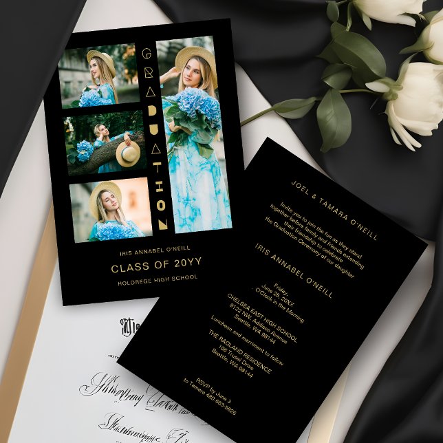 Invitación Black Gold Chic 4 Multi-Photos Funny Script Invita (Black & Faux Gold Sophisticated 4 Multi-Photos Collage Whimsical Script Graduation Invitation Card.)