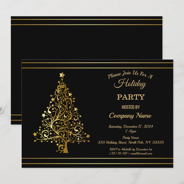 Invitación Black Gold Christmas Tree Corporate Holiday Party  (Anverso / Reverso)
