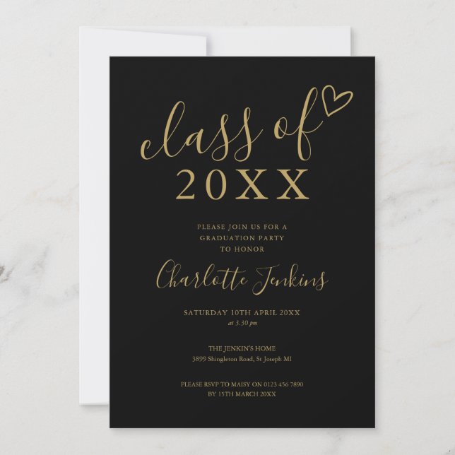 Invitación Black Gold Class of Script Heart Graduation Party (Anverso)