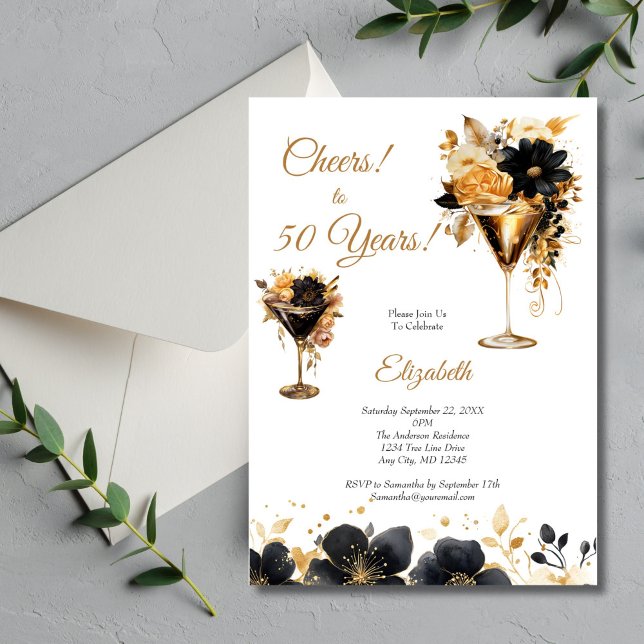 Invitación Black Gold Cocktails Drinks Florals 50th Birthday (Black Gold Watercolor Florals Cocktails 50th Birthday party invitation for her. Digital or Printed)