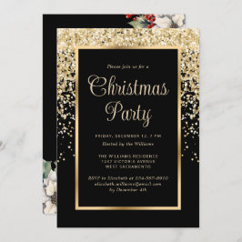 Invitación Black Gold Confetti Botanical Christmas Party