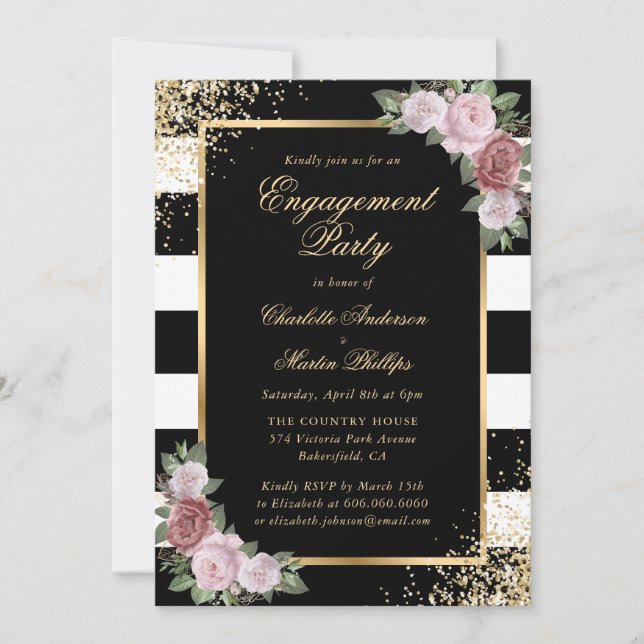 Invitación Black Gold Confetti Rubor Floral Engagement Party (Anverso)