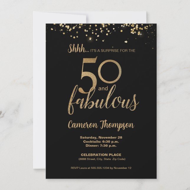 Invitación Black Gold Confetti Sorpresa 50 y fabuloso (Anverso)