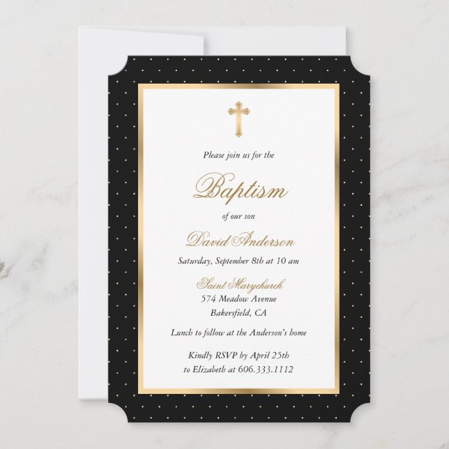 Invitación Black Gold Cross Polka Dots Elegant Script Baptism (Anverso)
