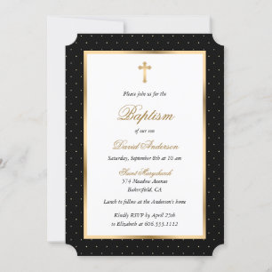Invitación Black Gold Cross Polka Dots Elegant Script Baptism