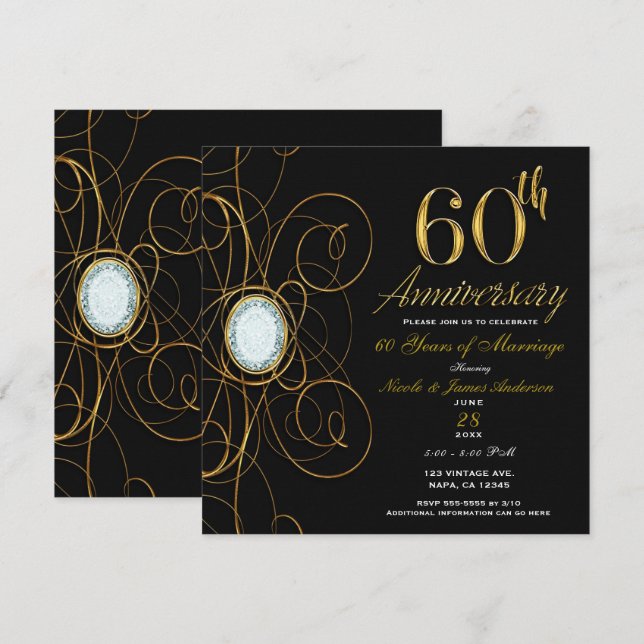 Invitación Black & Gold Diamond 60 Aniversario 60 (Anverso / Reverso)