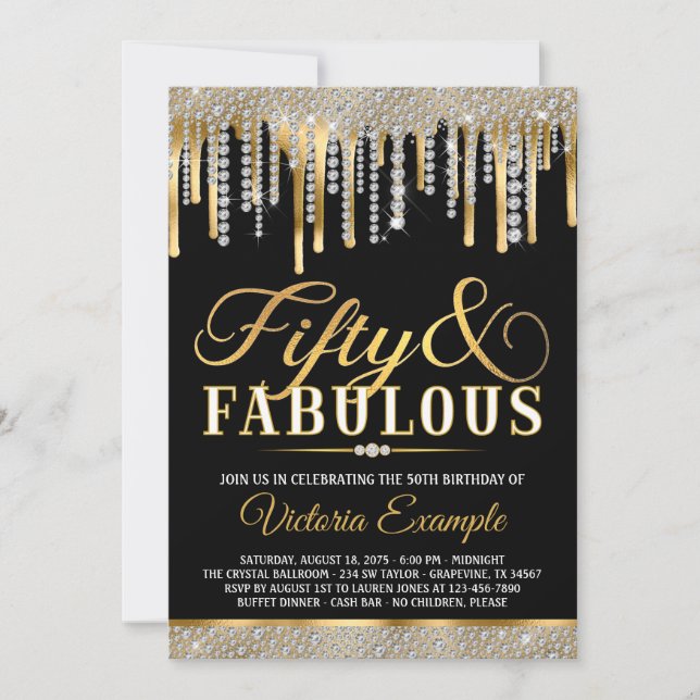 Invitación Black Gold Diamond Drip Fabulous 50 Birthday Party (Anverso)