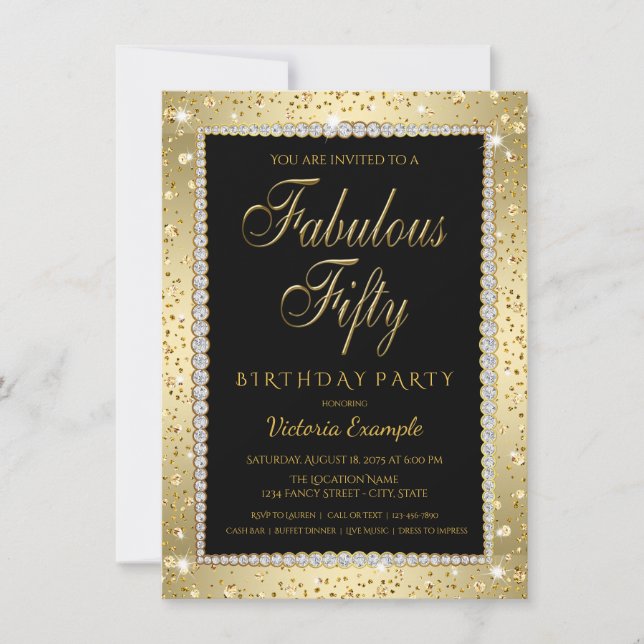 Invitación Black Gold Diamond Fabulous 50 Birthday Invitation (Anverso)