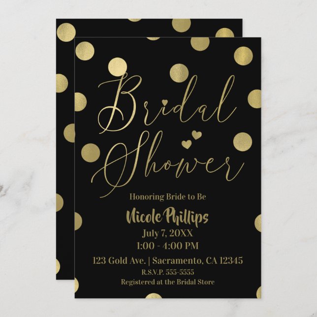 Invitación Black & Gold Dots Modern Glam Bridal Shower (Anverso / Reverso)