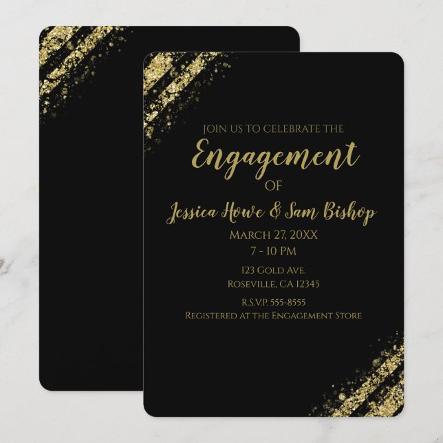 Invitación Black Gold Dust Corners Glam Compromiso moderno (Anverso / Reverso)