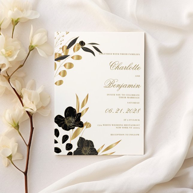 Invitación Black gold elegant luxury foliage floral wedding (Black gold elegant luxury foliage floral wedding)